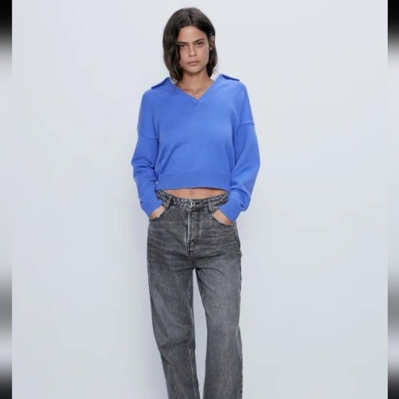 Zara blue knit polo sweater - Picture 1 of 11